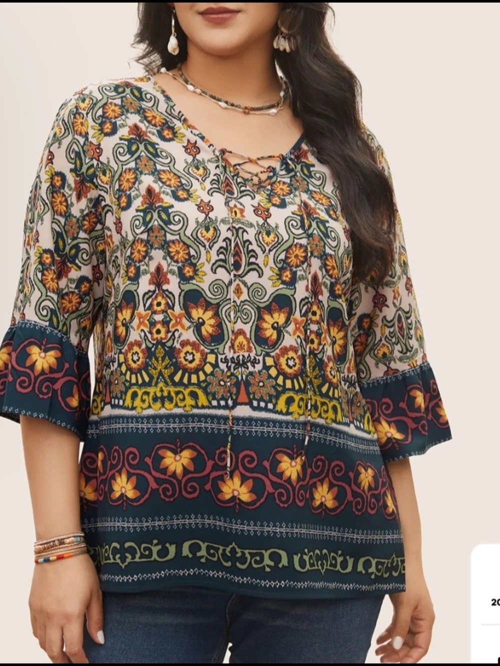 BloomChic Lace-Up Boho Tunic in Navy, Yellow, Cream